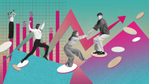 Teamwork, assistance of colleagues. Young people, employees reaching professional success, growing financial profits. Contemporary art collage.