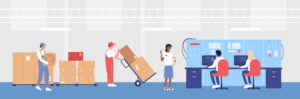Warehouse control process vector illustration. Cartoon flat operator characters sitting at computers, controlling operation work of storehouse, loading and distribution of boxes with goods background