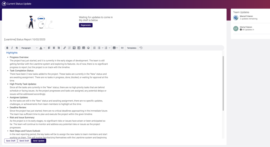 Leantime AI Generated Status Reports