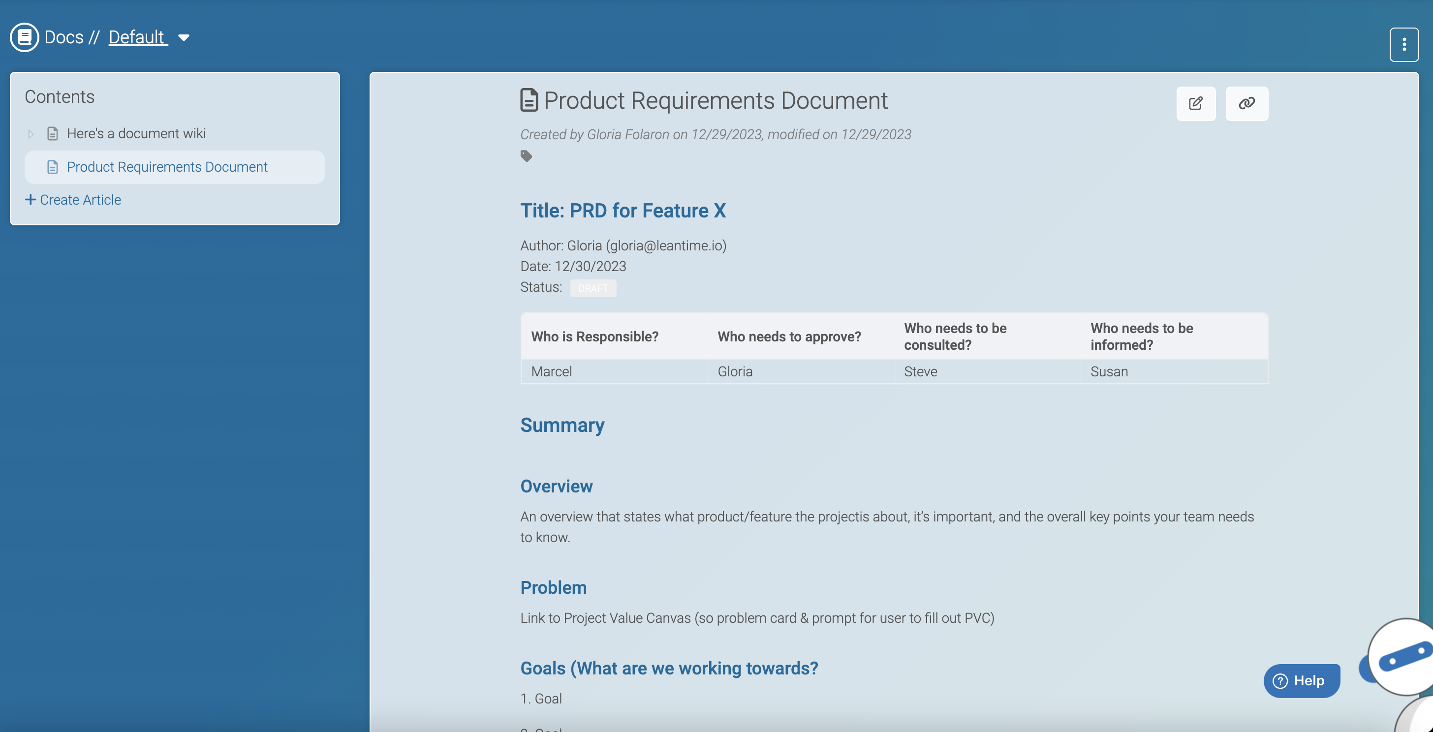Document wiki prd template Leantime