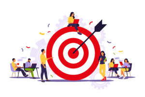 Business team achieving goal. Marketing strategy concept. People near huge target with arrow. Vector illustration. Isolated flat.