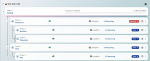 Screenshot of Leantime's My Work Dashboard widget showing a tree hierarchy of tasks and milestones. 