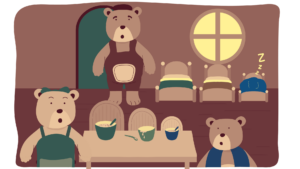 Image is a cartoon version of the golidlocks and three bears, showing three beds and three bowls of porridge